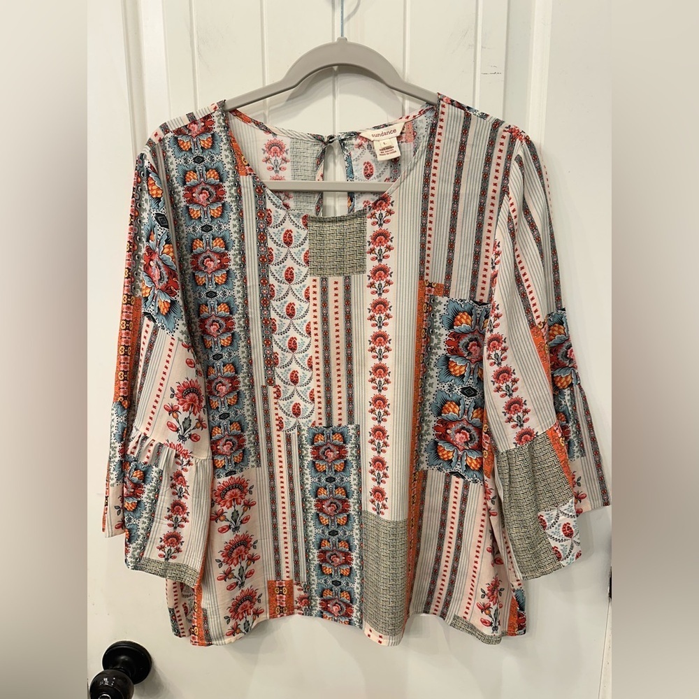 Sundance Patchwork Floral Bohemian Rayon Blouse Size Large